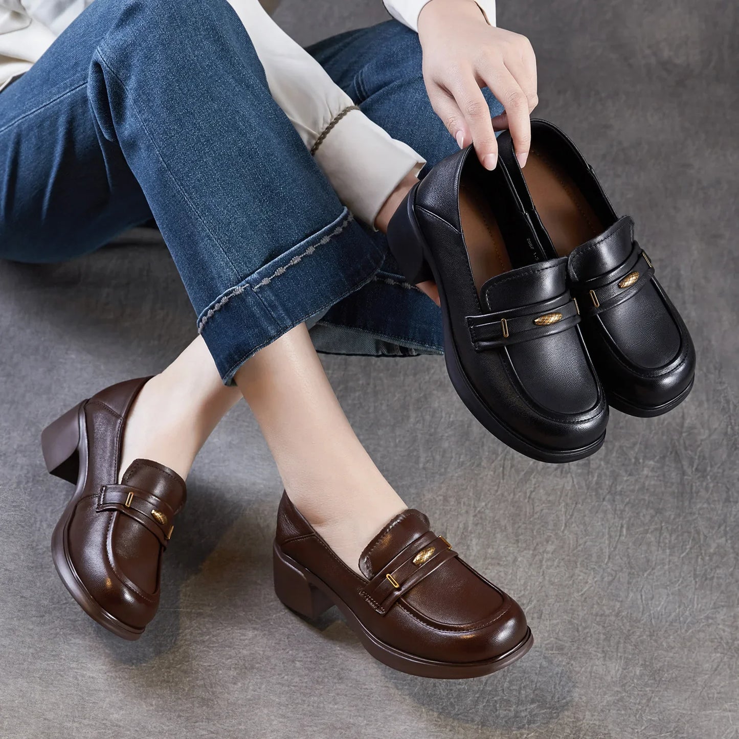 Leather Block Heel Pumps