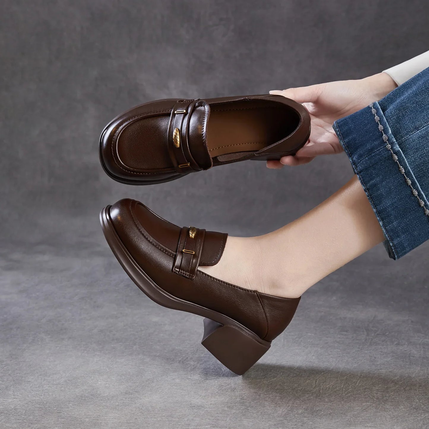 Leather Block Heel Pumps